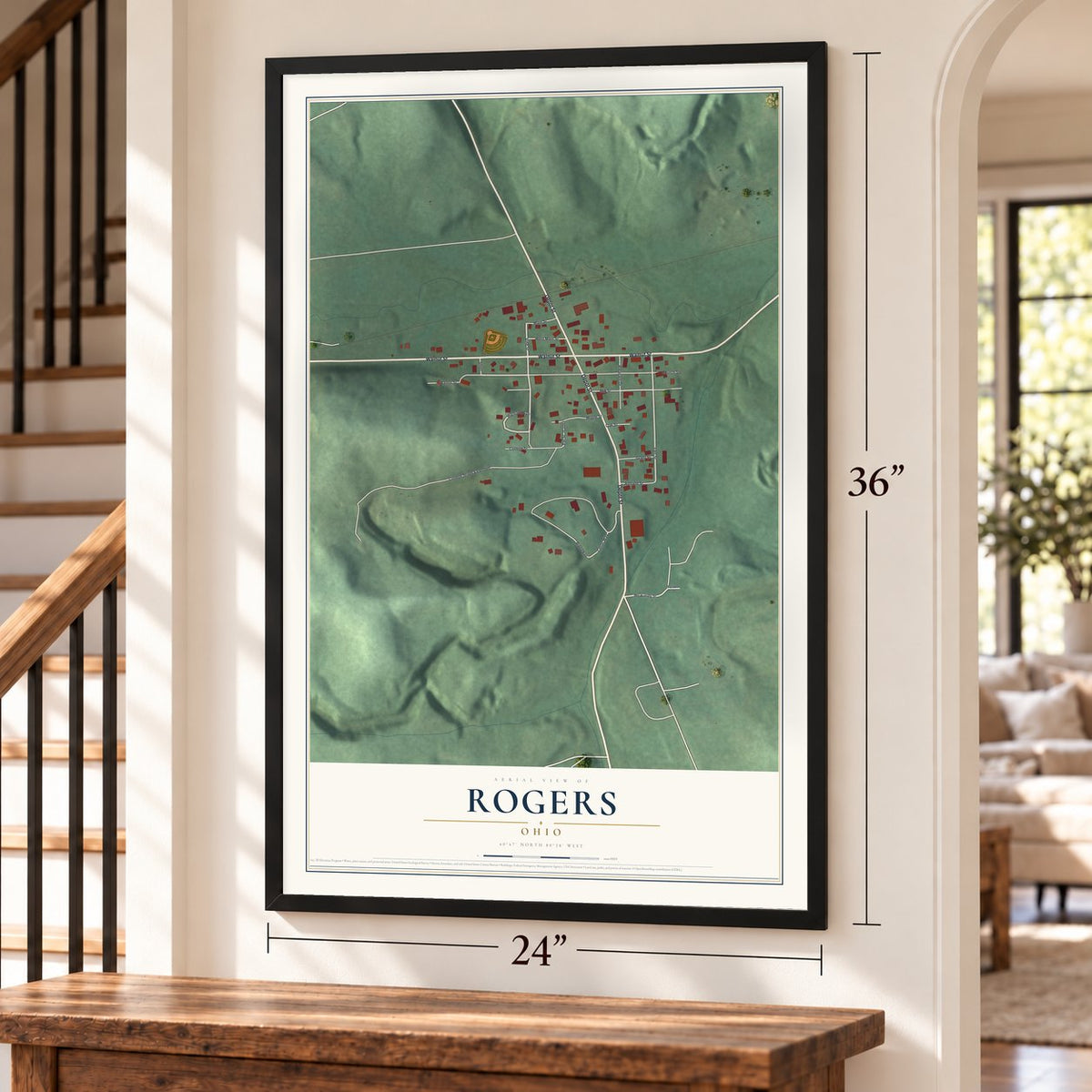 Rogers, Ohio map, 24 x 36 inch print in a black frame by a staircase