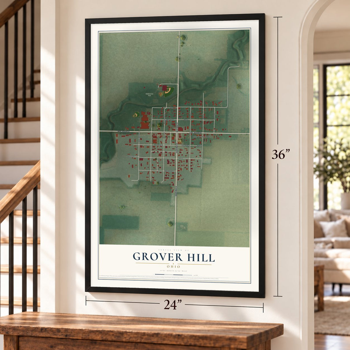 Grover Hill, Ohio map, 24 x 36 inch print in a black frame by a staircase