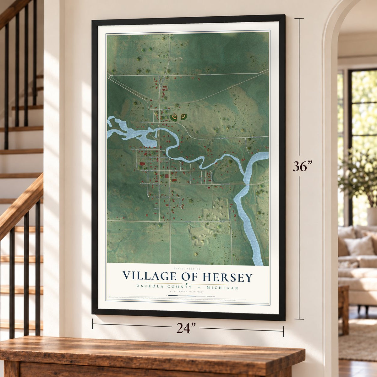 Hersey, Michigan map, 24 x 36 inch print in a black frame by a staircase