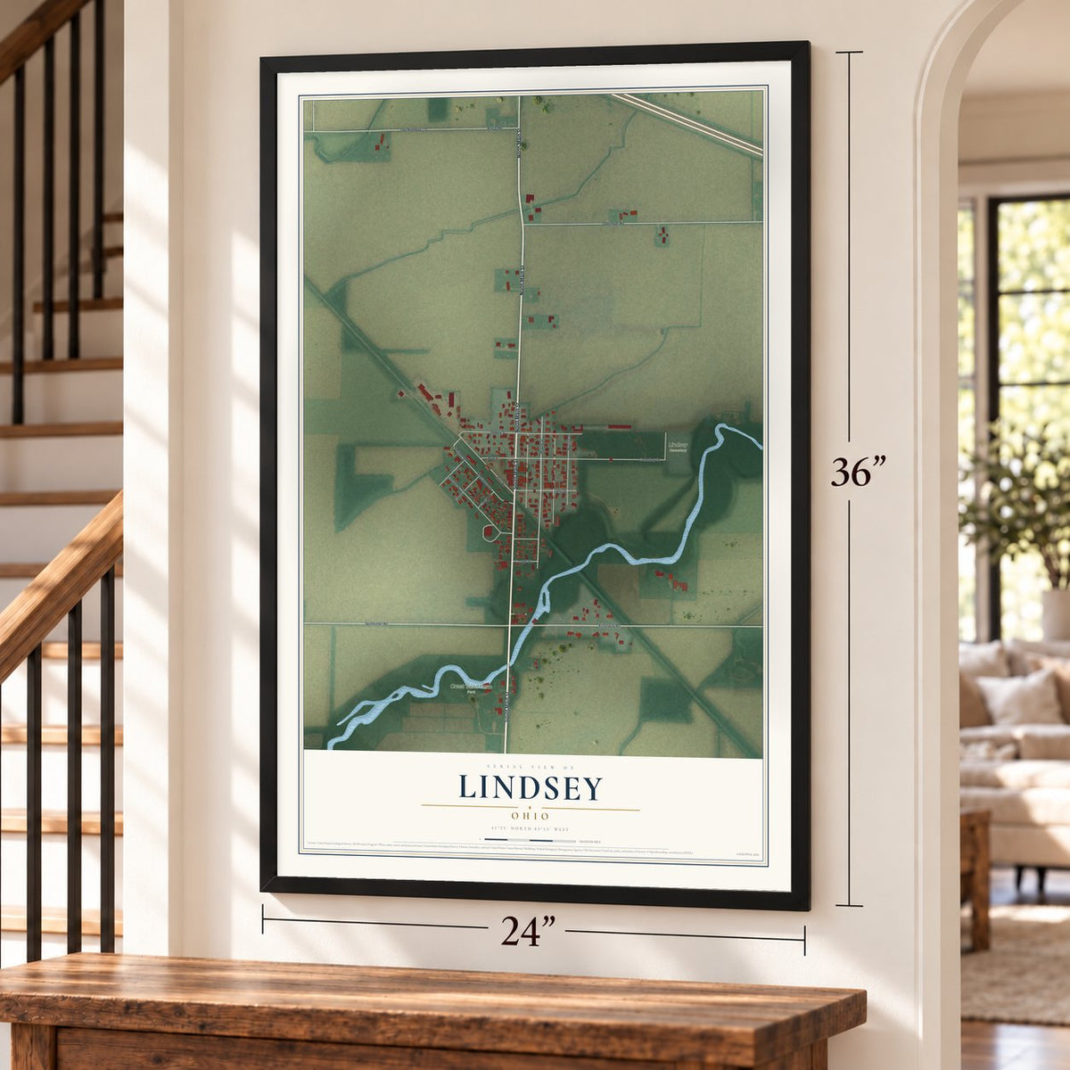 Lindsey, Ohio map, 24 x 36 inch print in a black frame by a staircase