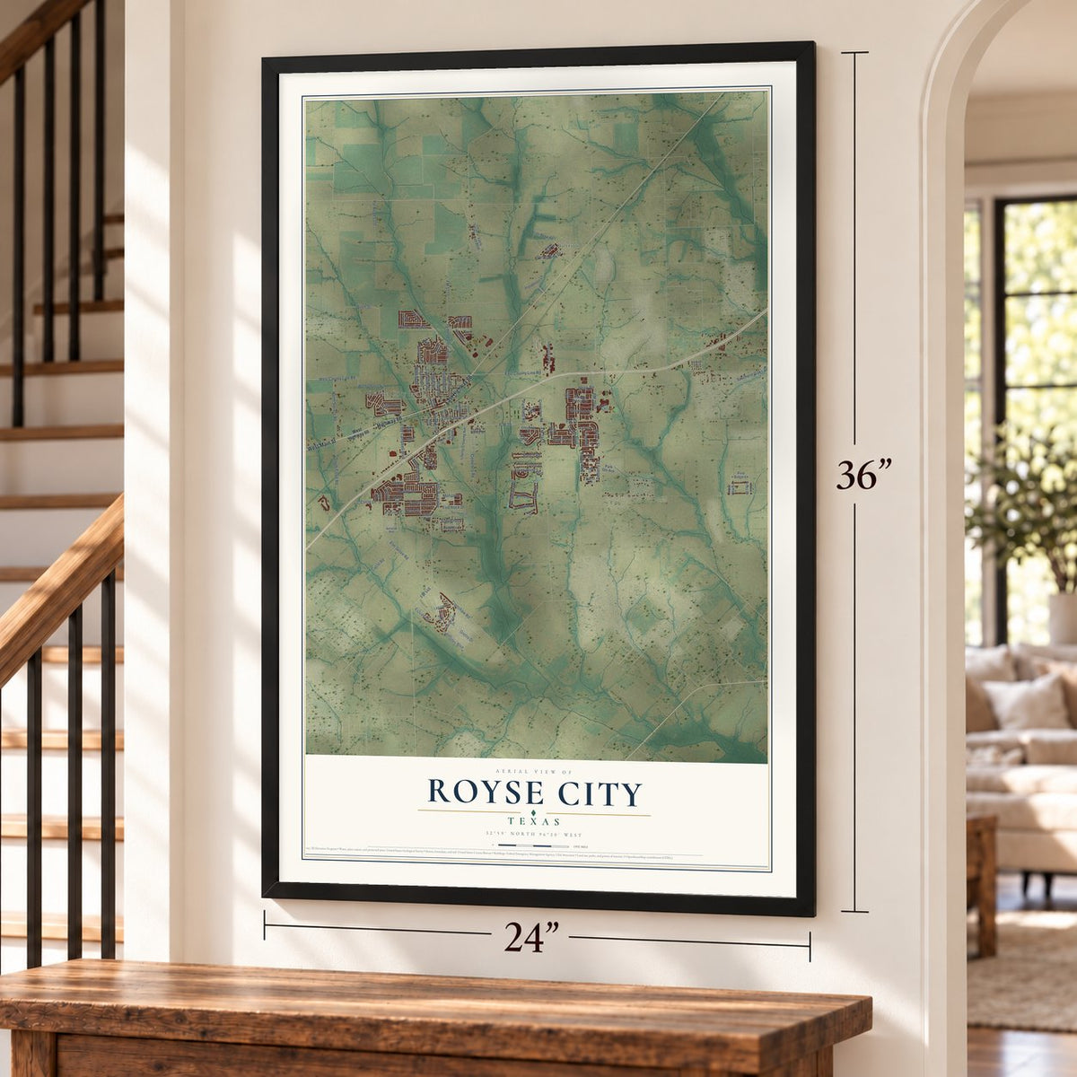 Royse City, Texas map, 24 x 36 inch print in a black frame by a staircase