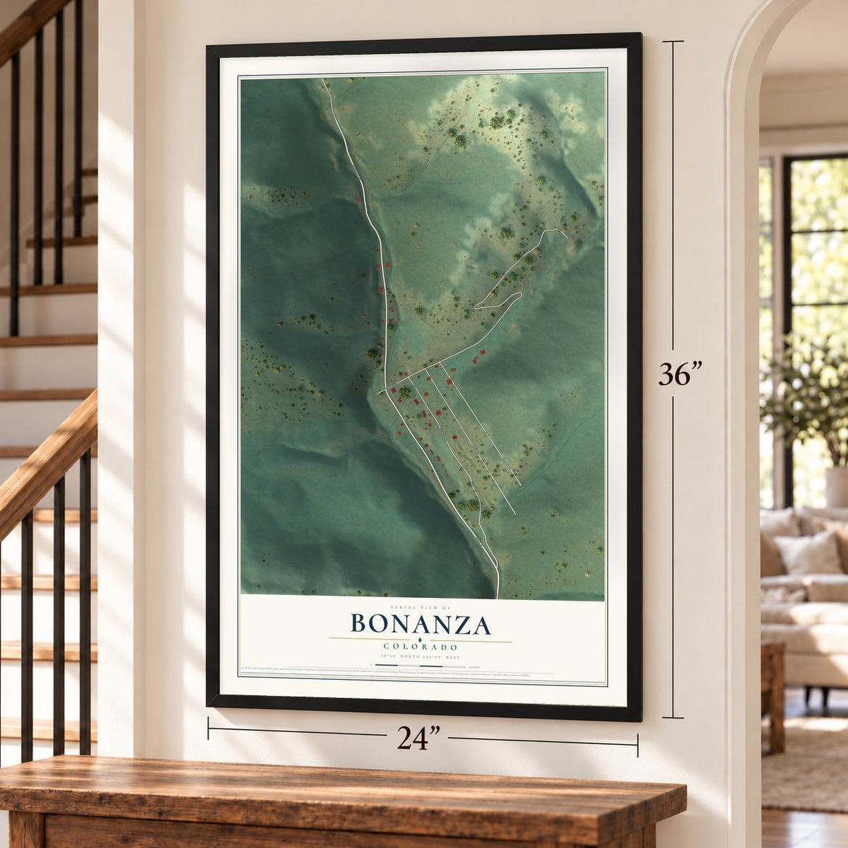 Bonanza, Colorado map, 24 x 36 inch print in a black frame by a staircase