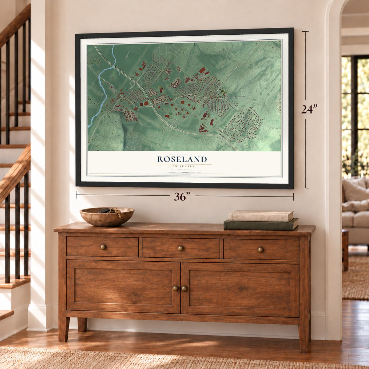 Roseland, New Jersey map, 24 x 36 inch print in a black frame above a dresser by a staircase