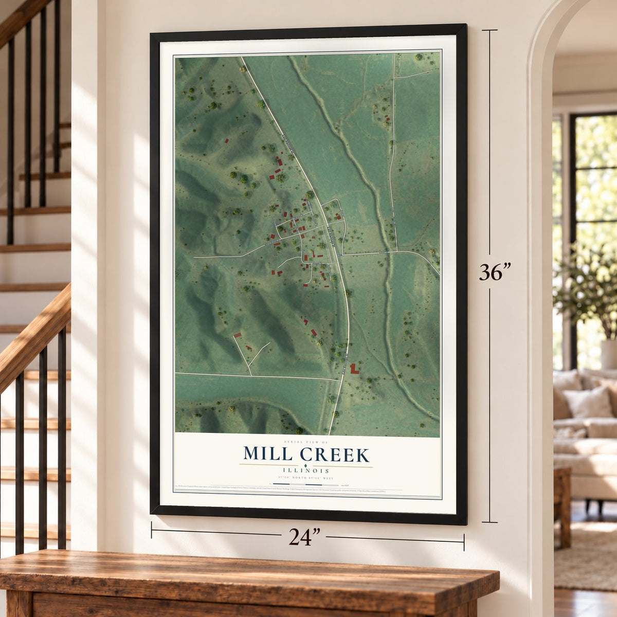 Mill Creek, Illinois map, 24 x 36 inch print in a black frame by a staircase