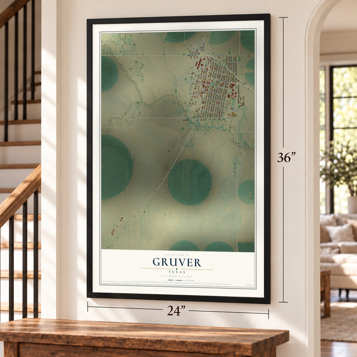 Gruver, Texas map, 24 x 36 inch print in a black frame by a staircase