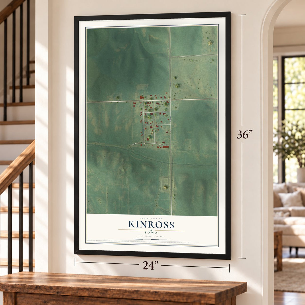Kinross, Iowa map, 24 x 36 inch print in a black frame by a staircase