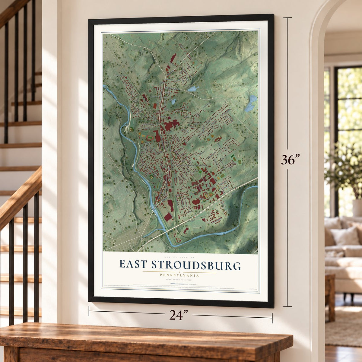 East Stroudsburg, Pennsylvania map, 24 x 36 inch print in a black frame by a staircase