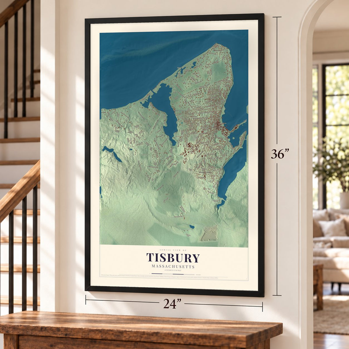Tisbury, Massachusetts map, 24 x 36 inch print in a black frame by a staircase
