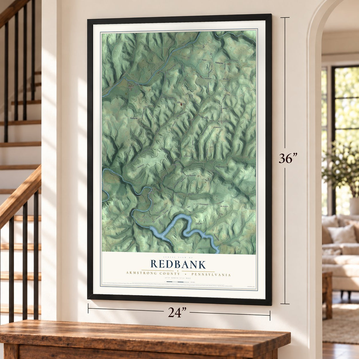 Redbank, Armstrong County, Pennsylvania map, 24 x 36 inch print in a black frame by a staircase