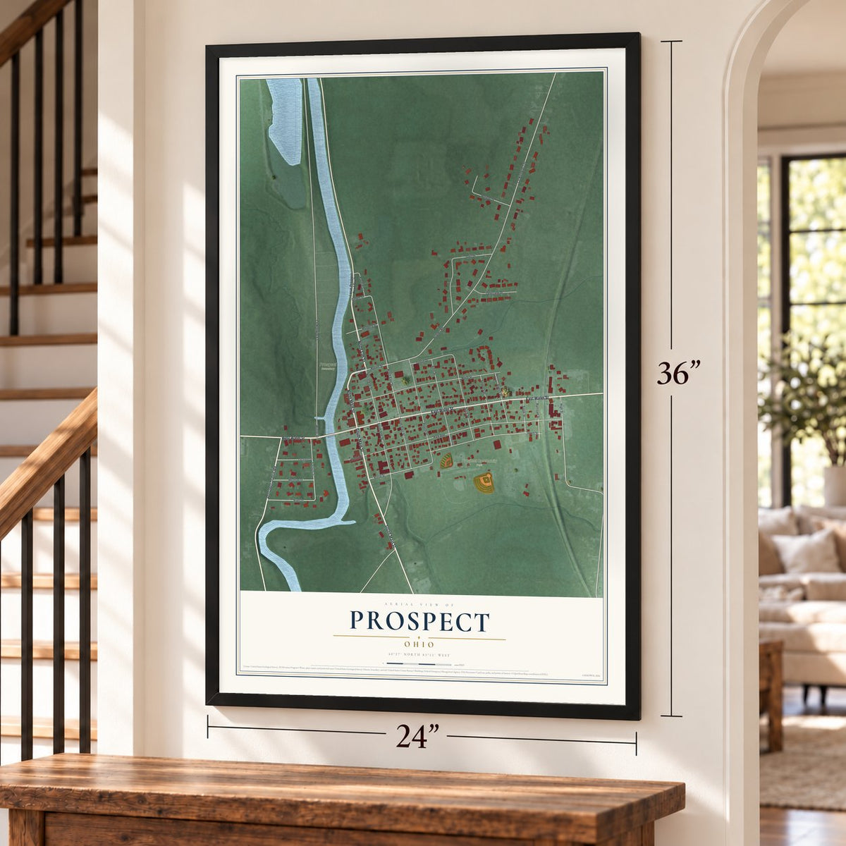 Prospect, Ohio map, 24 x 36 inch print in a black frame by a staircase
