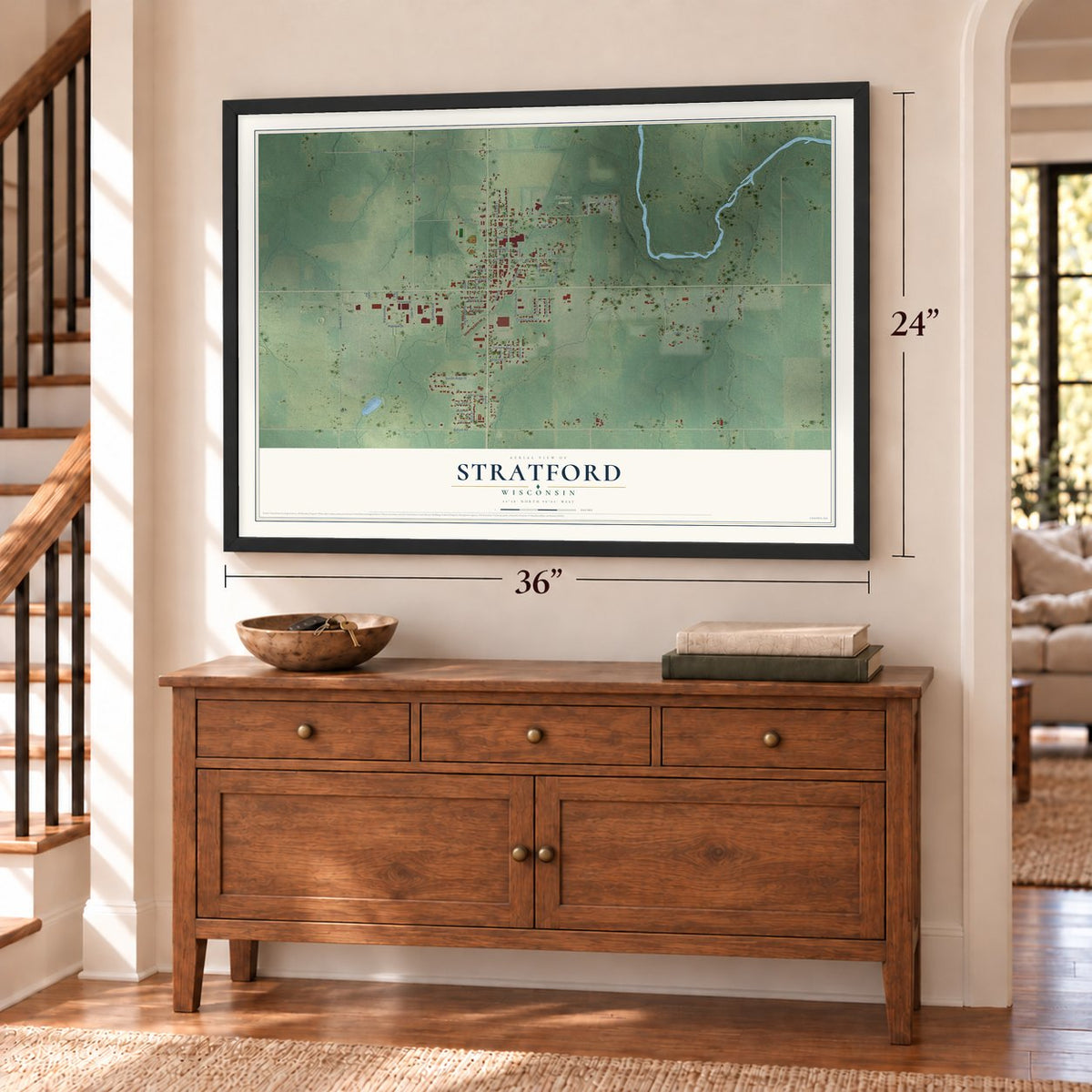 Stratford, Wisconsin map, 24 x 36 inch print in a black frame above a dresser by a staircase
