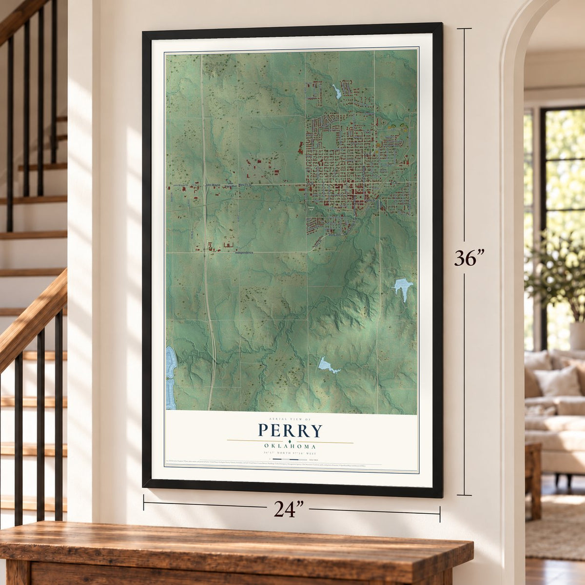 Perry, Oklahoma map, 24 x 36 inch print in a black frame by a staircase
