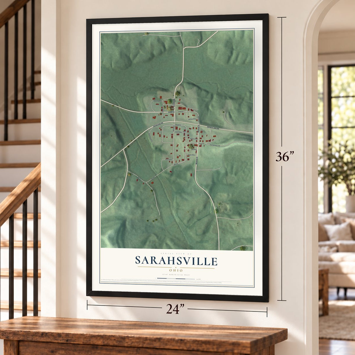 Sarahsville, Ohio map, 24 x 36 inch print in a black frame by a staircase