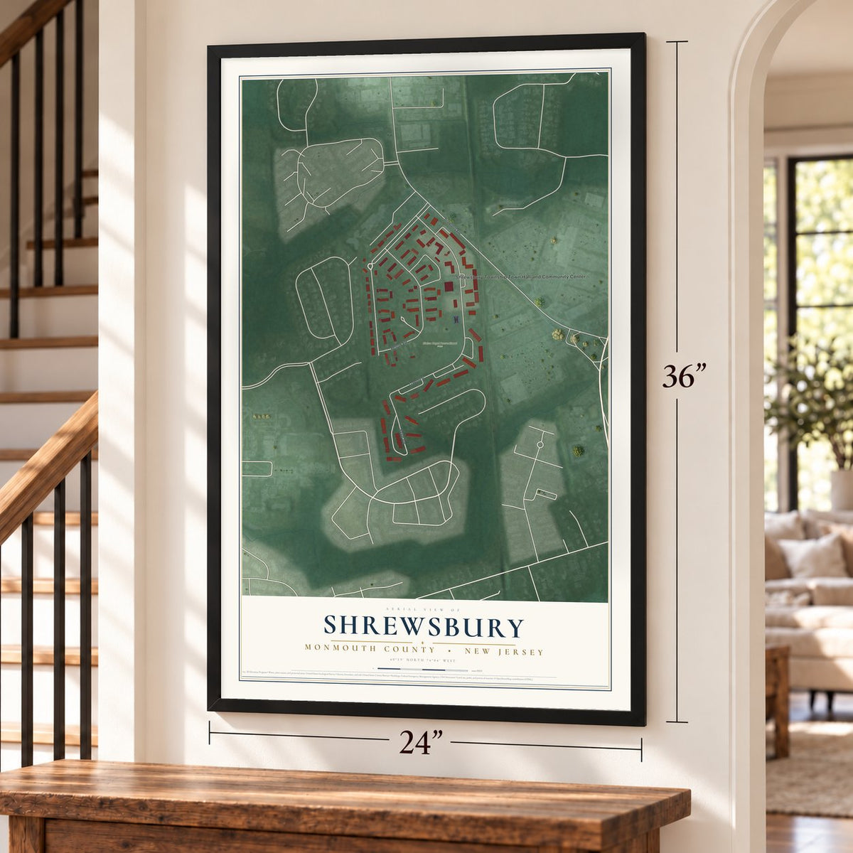 Shrewsbury, Monmouth County, New Jersey map, 24 x 36 inch print in a black frame by a staircase