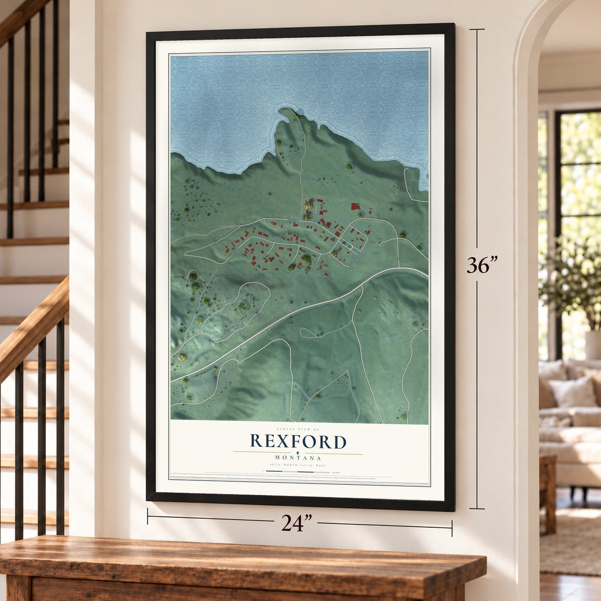 Rexford, Montana map, 24 x 36 inch print in a black frame by a staircase