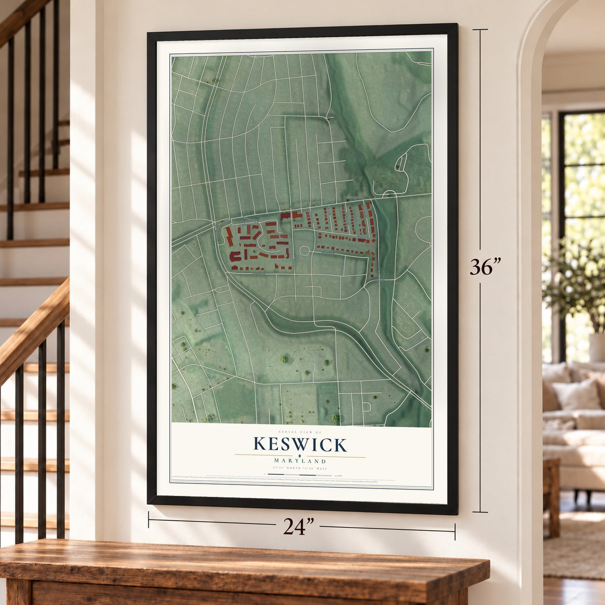 Keswick, Maryland map, 24 x 36 inch print in a black frame by a staircase