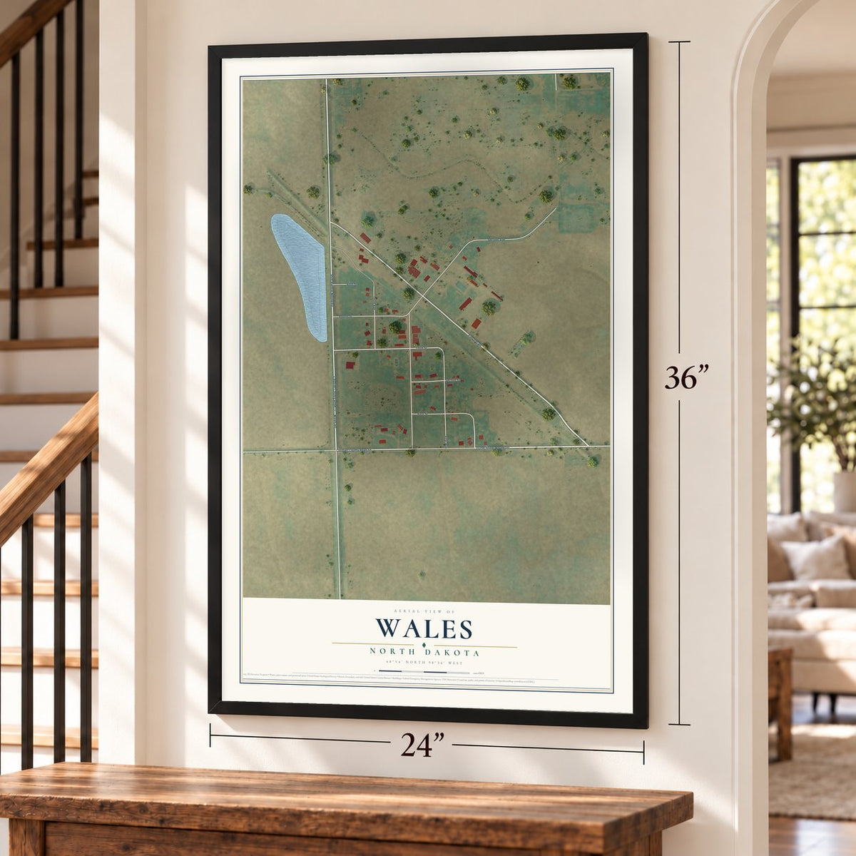 Wales, North Dakota map, 24 x 36 inch print in a black frame by a staircase
