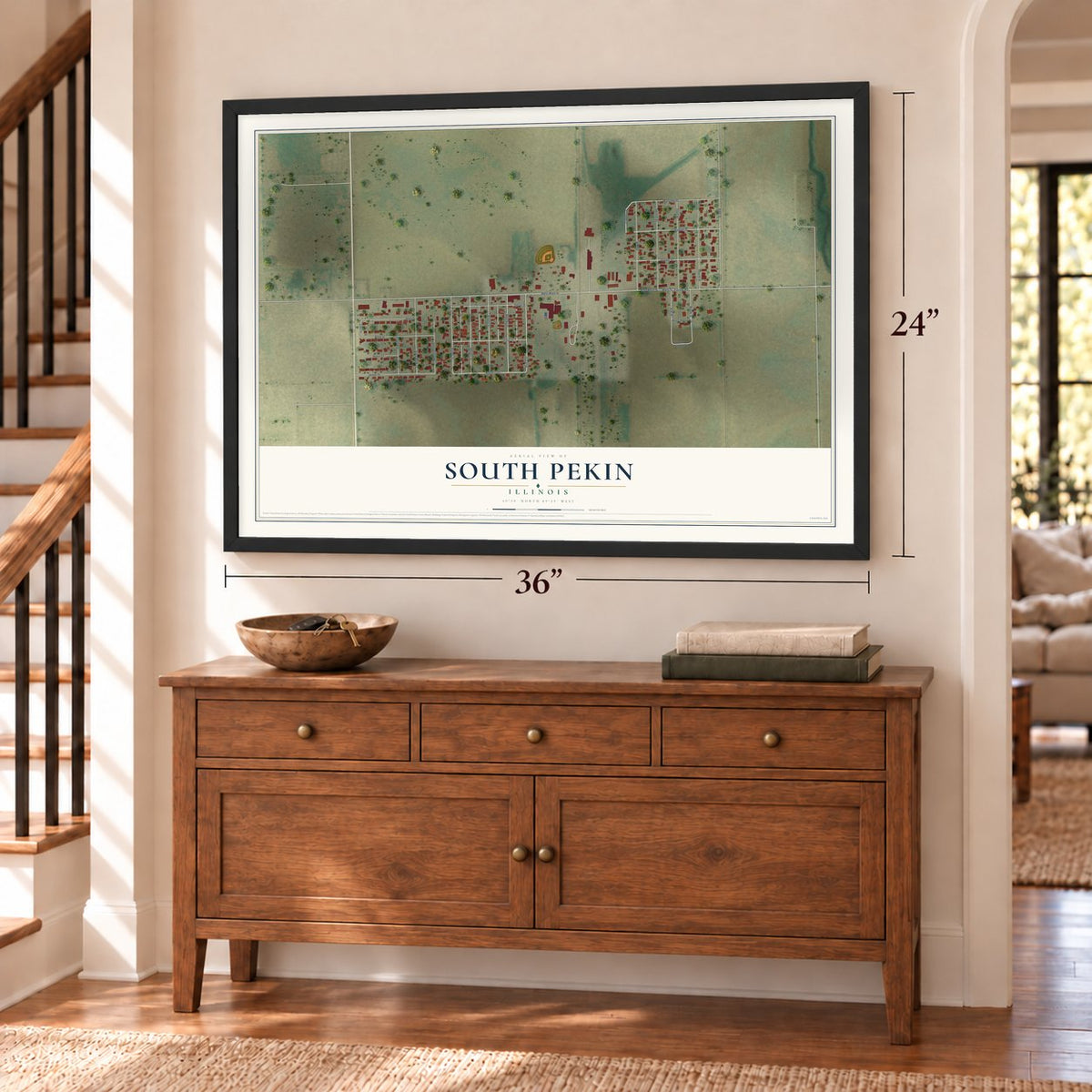 South Pekin, Illinois map, 24 x 36 inch print in a black frame above a dresser by a staircase