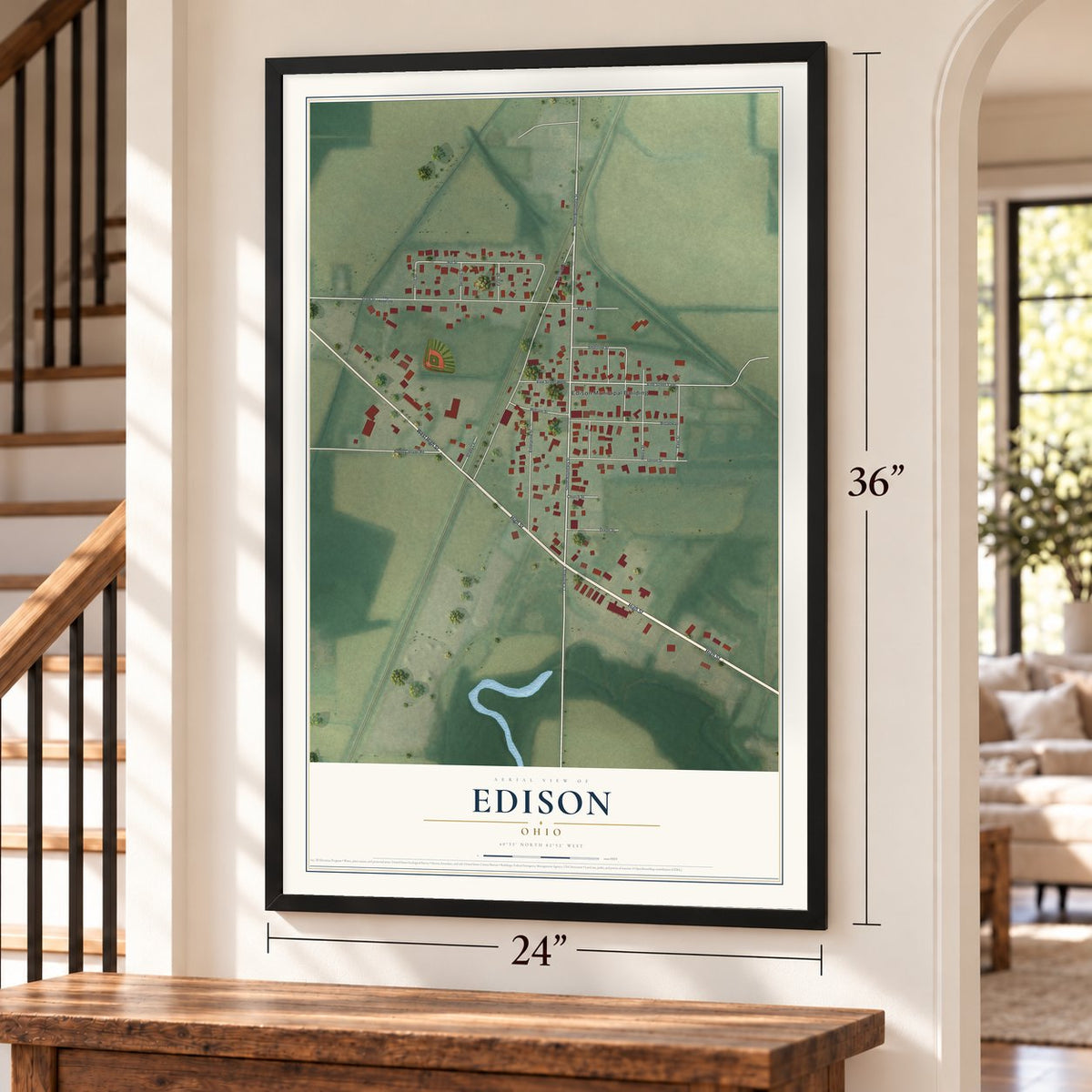 Edison, Ohio map, 24 x 36 inch print in a black frame by a staircase