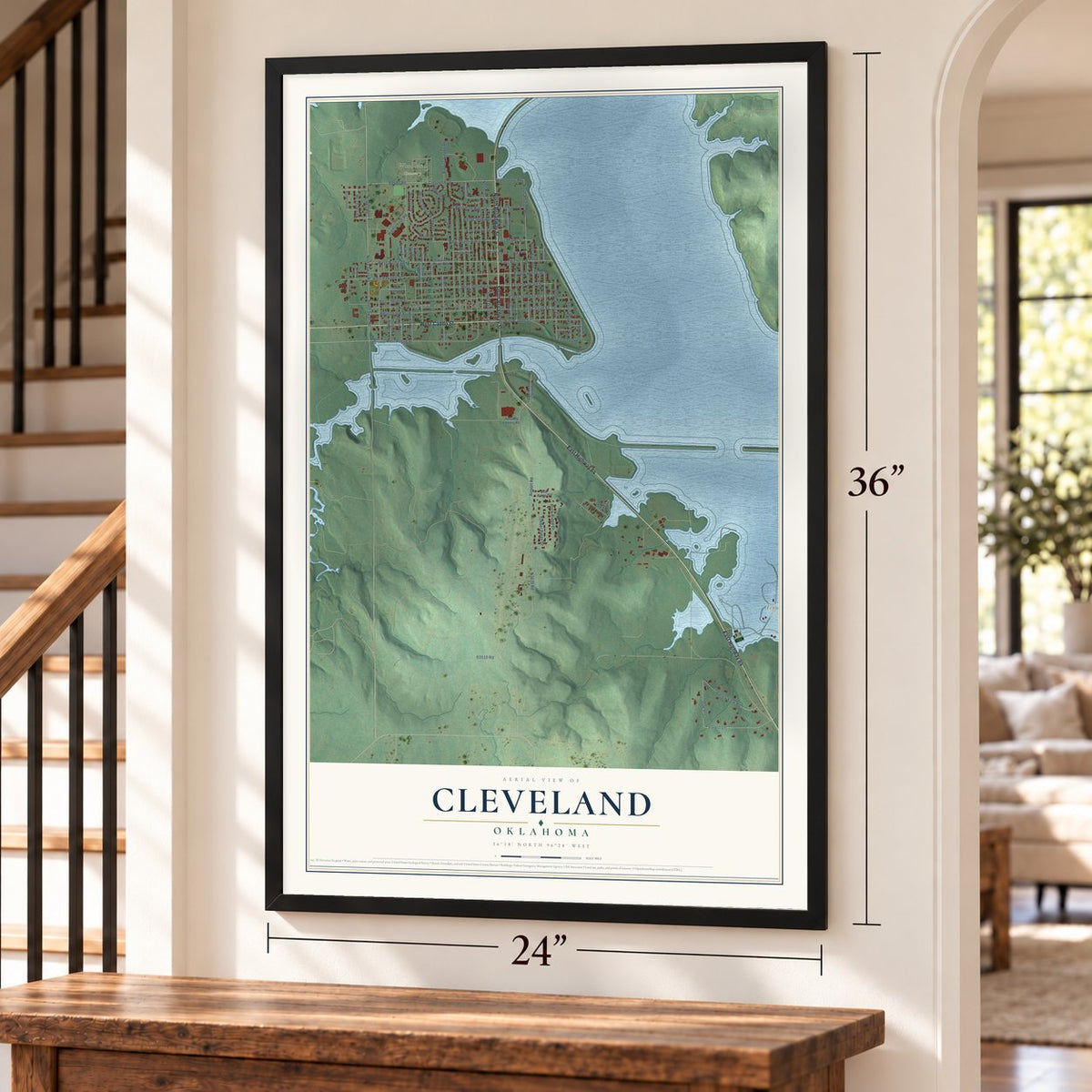 Cleveland, Oklahoma map, 24 x 36 inch print in a black frame by a staircase