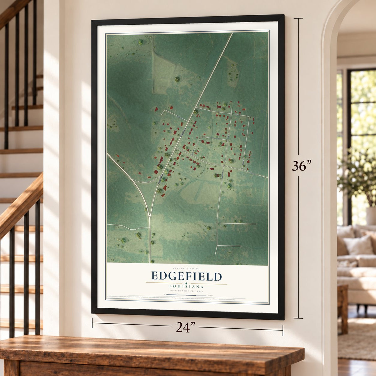 Edgefield, Louisiana map, 24 x 36 inch print in a black frame by a staircase