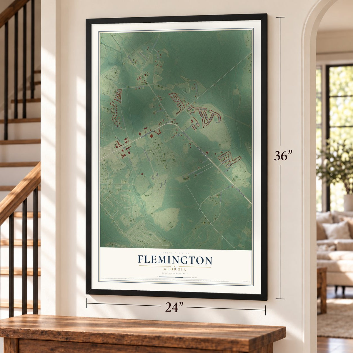Flemington, Georgia map, 24 x 36 inch print in a black frame by a staircase