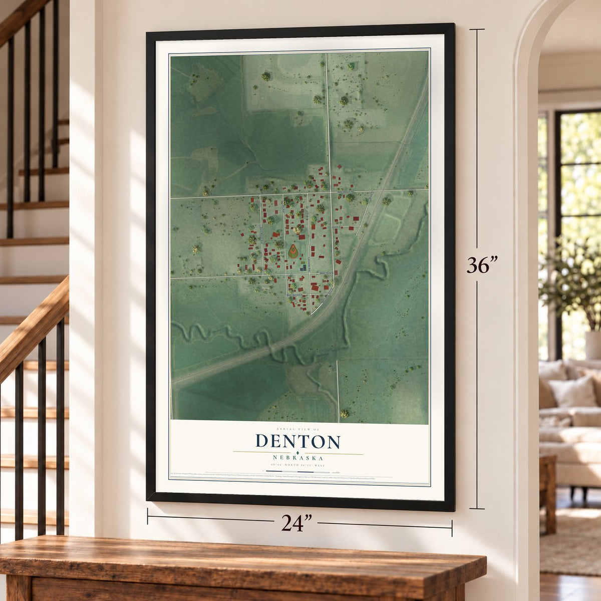 Denton, Nebraska map, 24 x 36 inch print in a black frame by a staircase