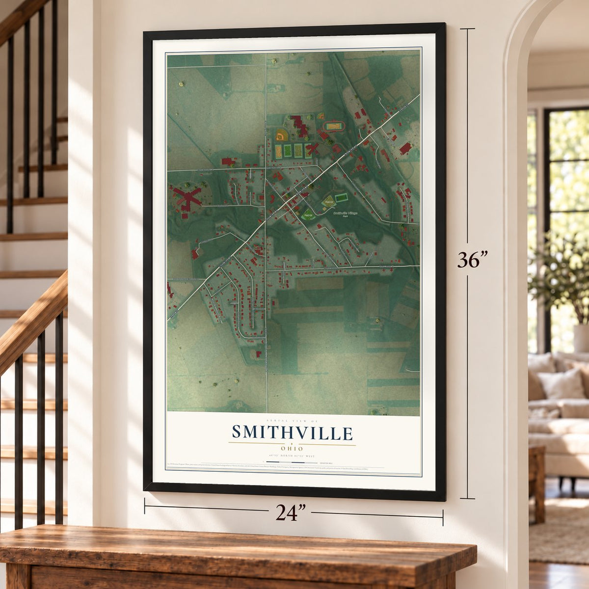 Smithville, Ohio map, 24 x 36 inch print in a black frame by a staircase