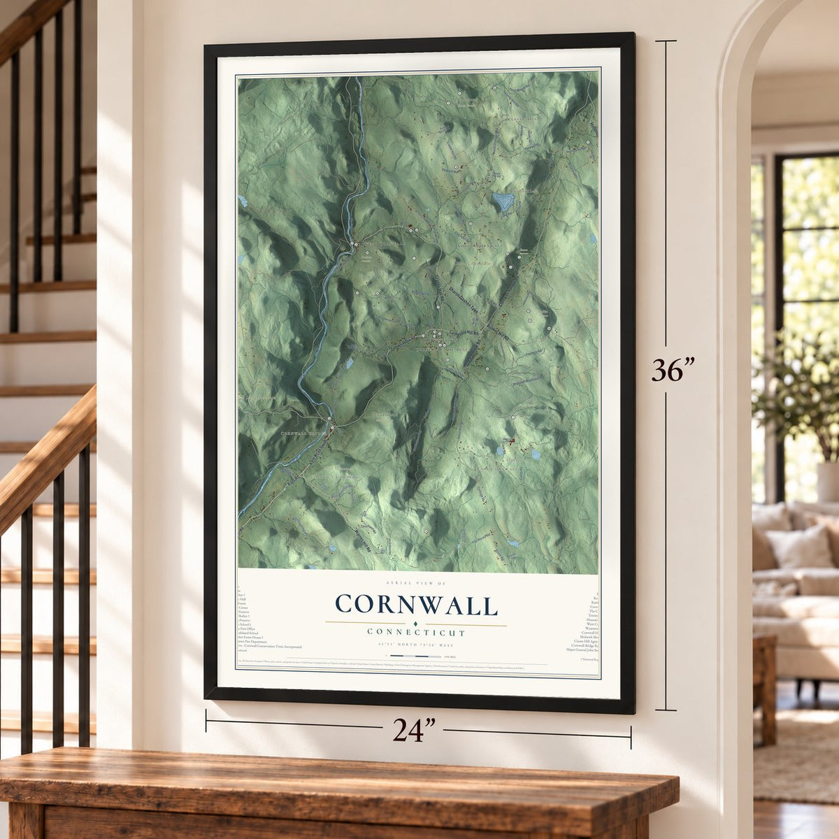 Cornwall, Connecticut map, 24 x 36 inch print in a black frame by a staircase
