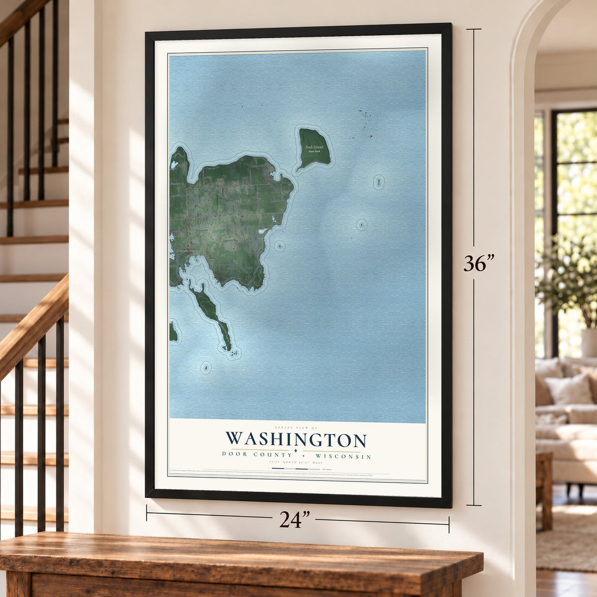 Washington, Door County, Wisconsin map, 24 x 36 inch print in a black frame by a staircase