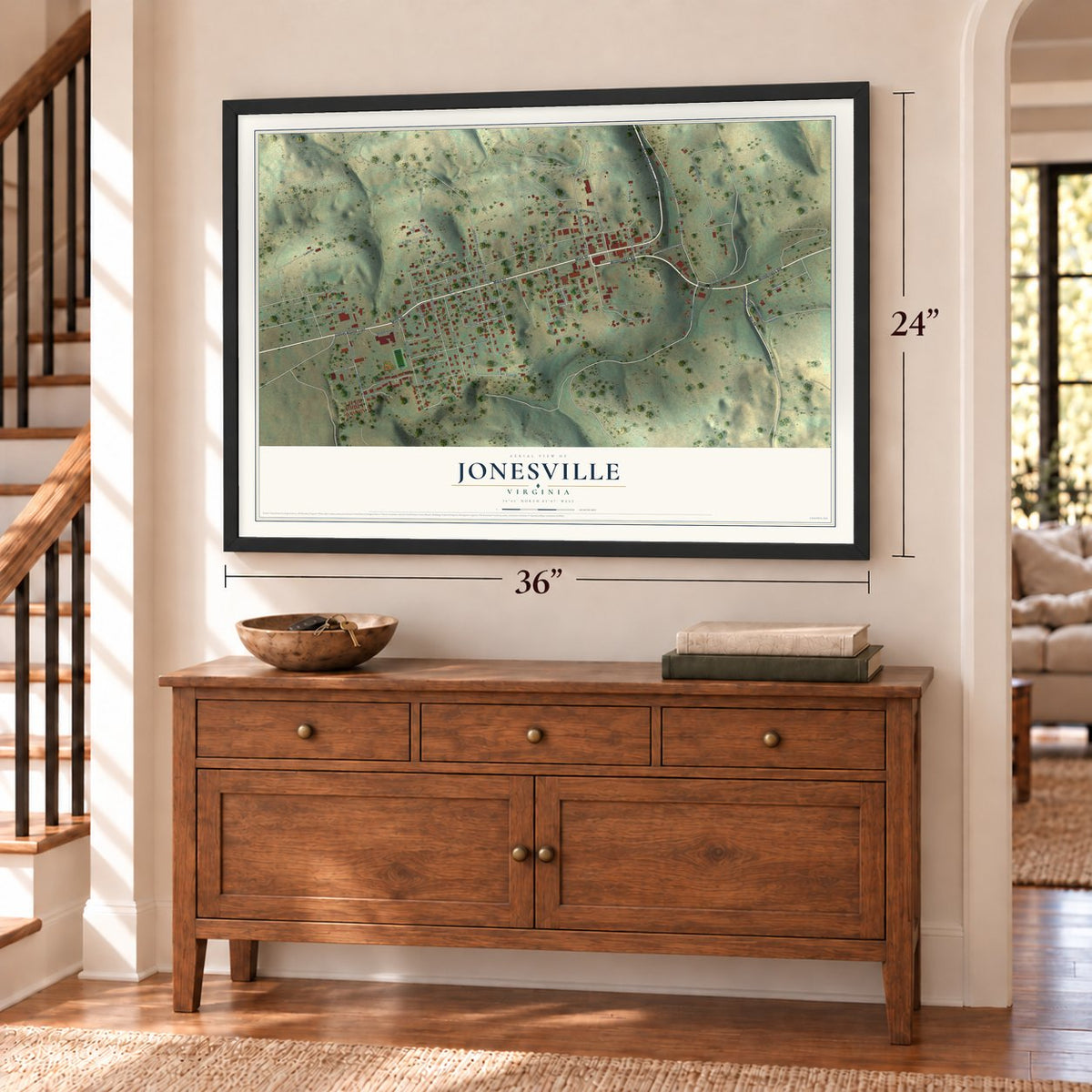Jonesville, Virginia map, 24 x 36 inch print in a black frame above a dresser by a staircase