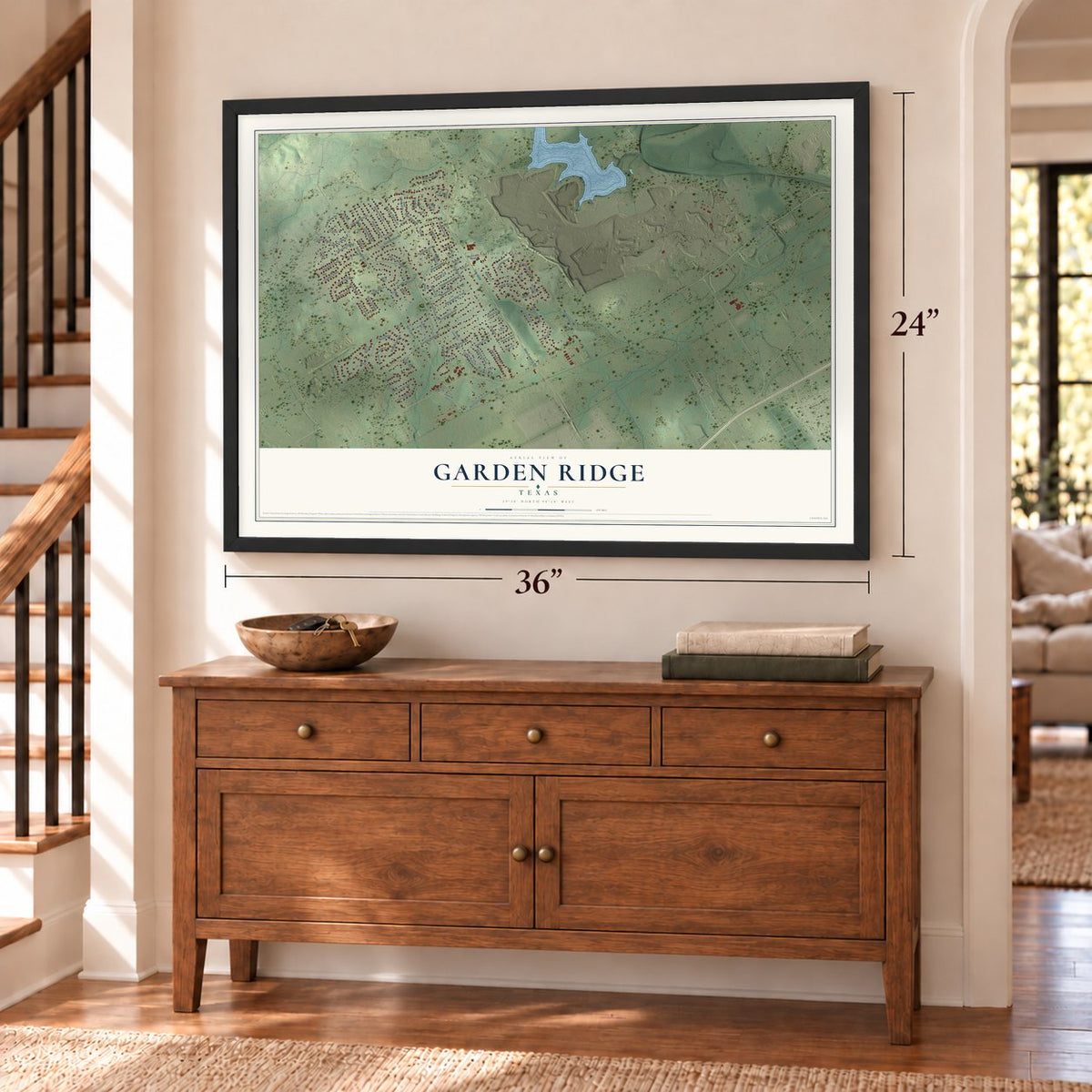 Garden Ridge, Texas map, 24 x 36 inch print in a black frame above a dresser by a staircase