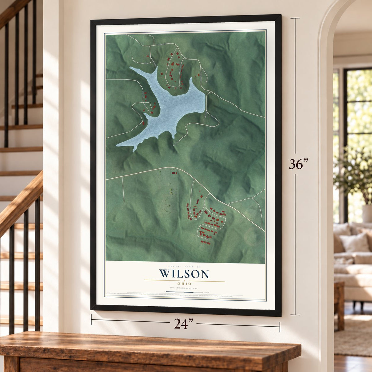 Wilson, Ohio map, 24 x 36 inch print in a black frame by a staircase