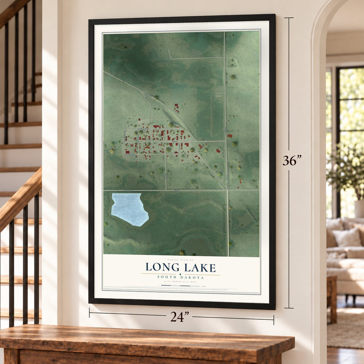 Long Lake, South Dakota map, 24 x 36 inch print in a black frame by a staircase