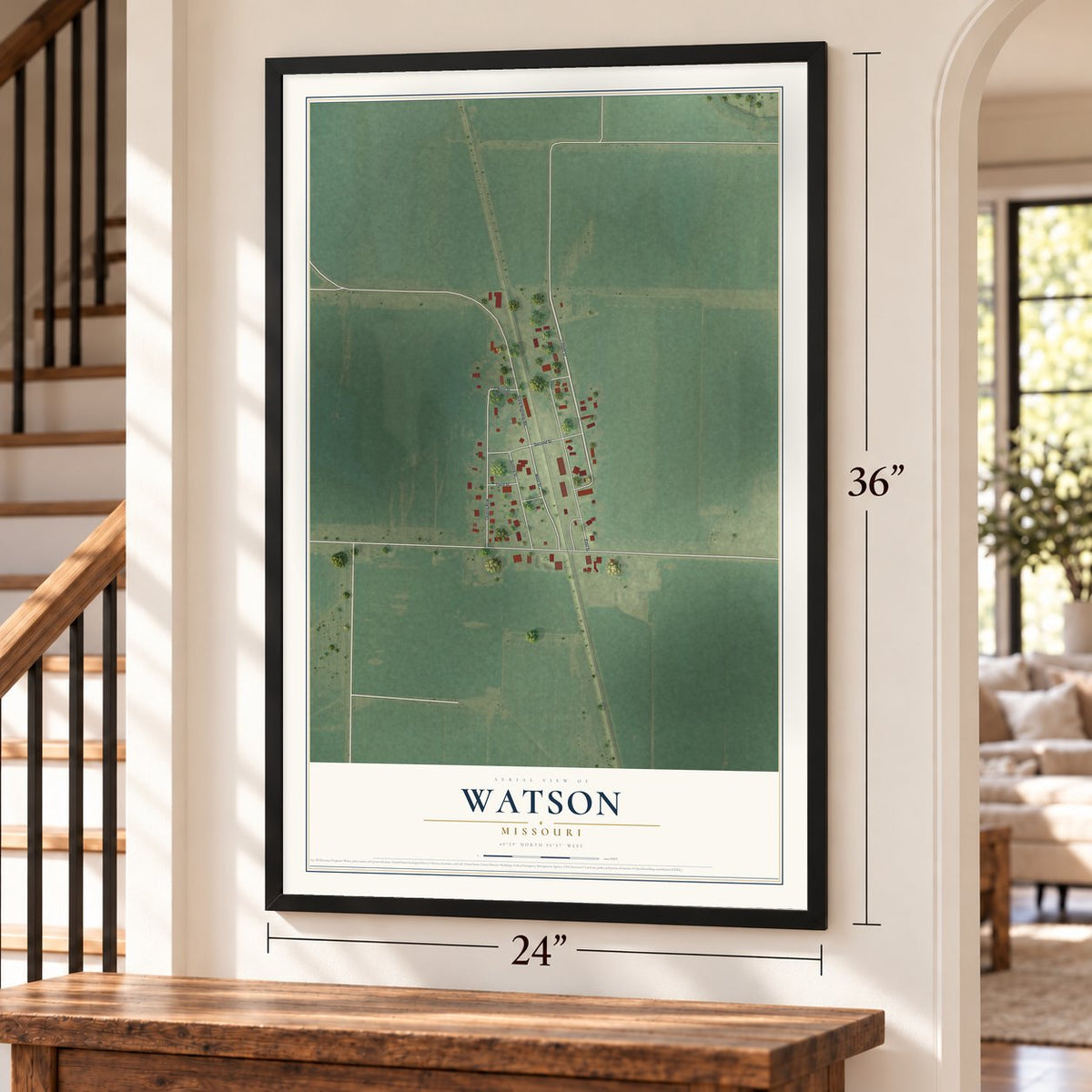 Watson, Missouri map, 24 x 36 inch print in a black frame by a staircase