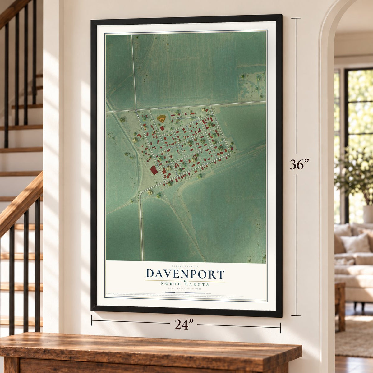 Davenport, North Dakota map, 24 x 36 inch print in a black frame by a staircase