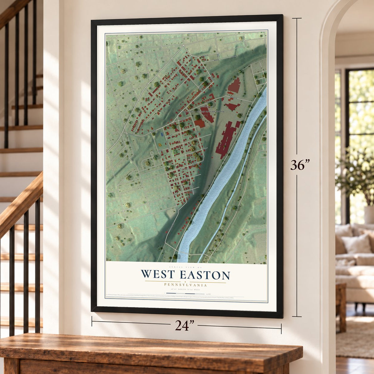 West Easton, Pennsylvania map, 24 x 36 inch print in a black frame by a staircase