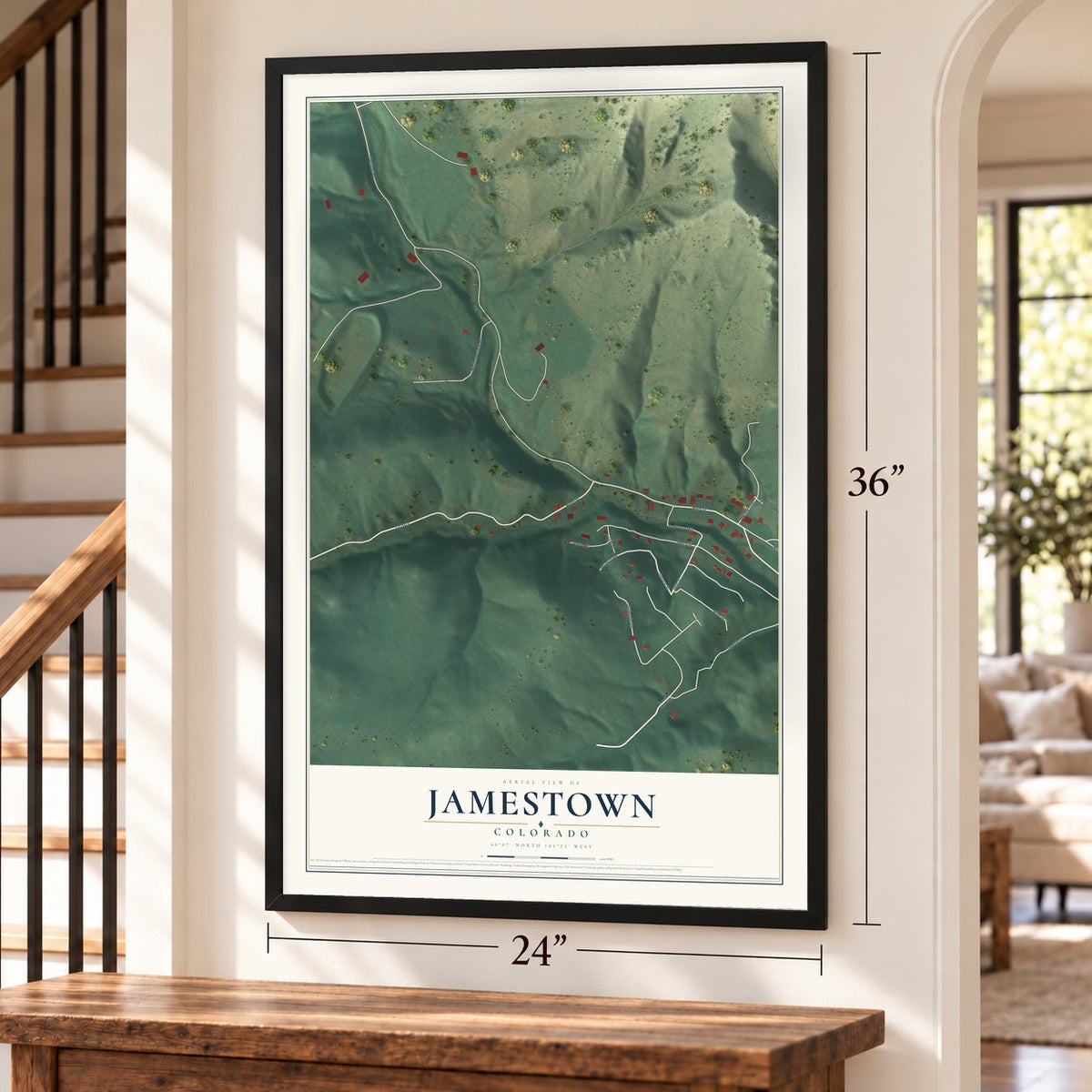 Jamestown, Colorado map, 24 x 36 inch print in a black frame by a staircase