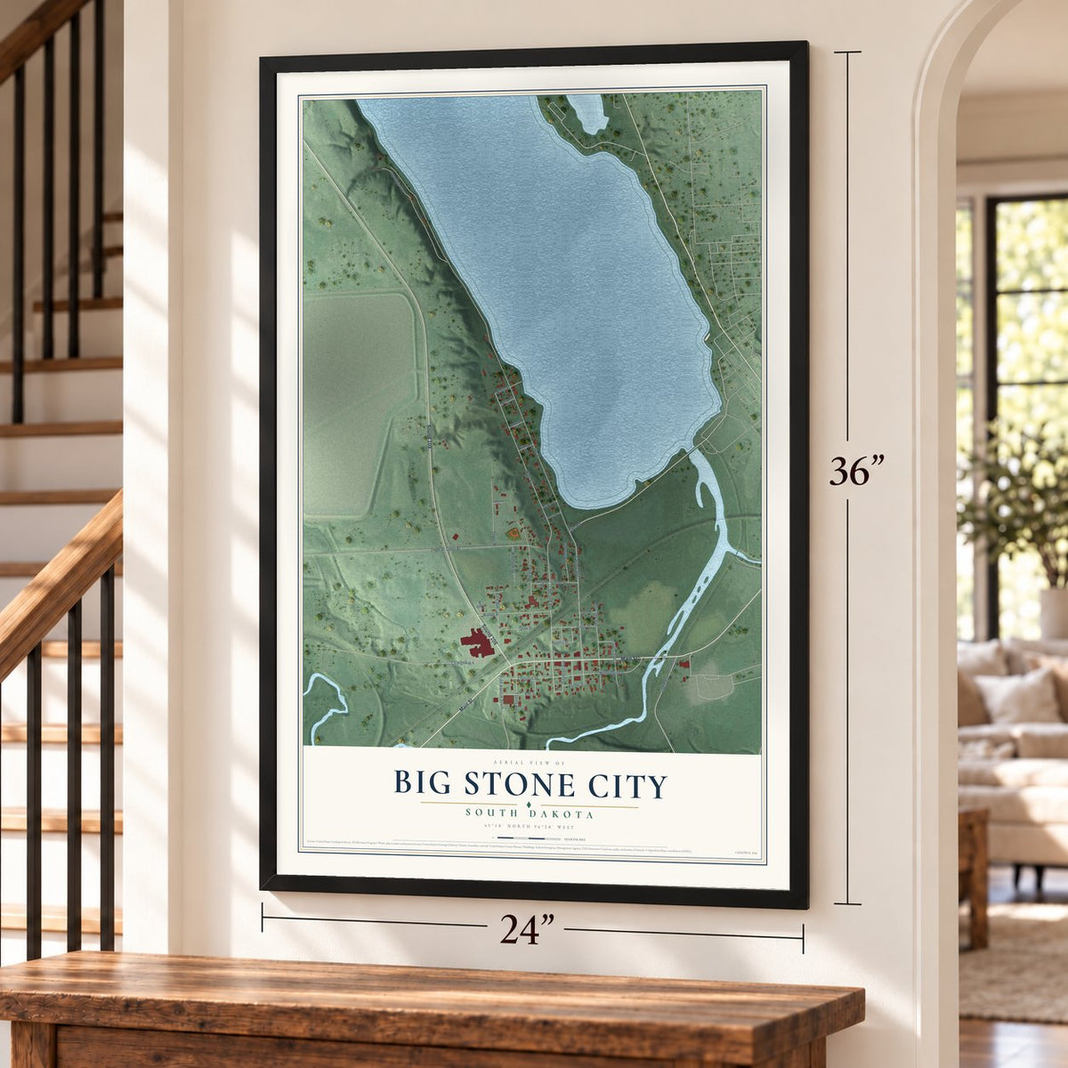 Big Stone City, South Dakota map, 24 x 36 inch print in a black frame by a staircase