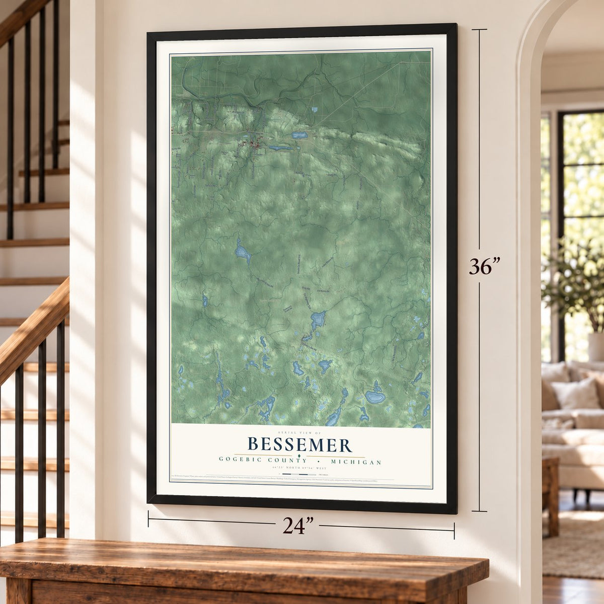 Bessemer, Gogebic County, Michigan map, 24 x 36 inch print in a black frame by a staircase
