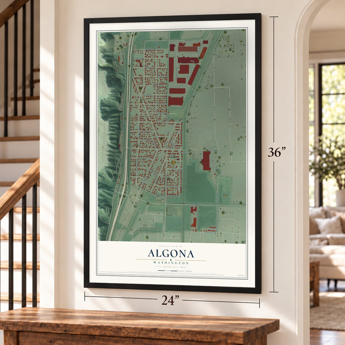 Algona, Washington map, 24 x 36 inch print in a black frame by a staircase
