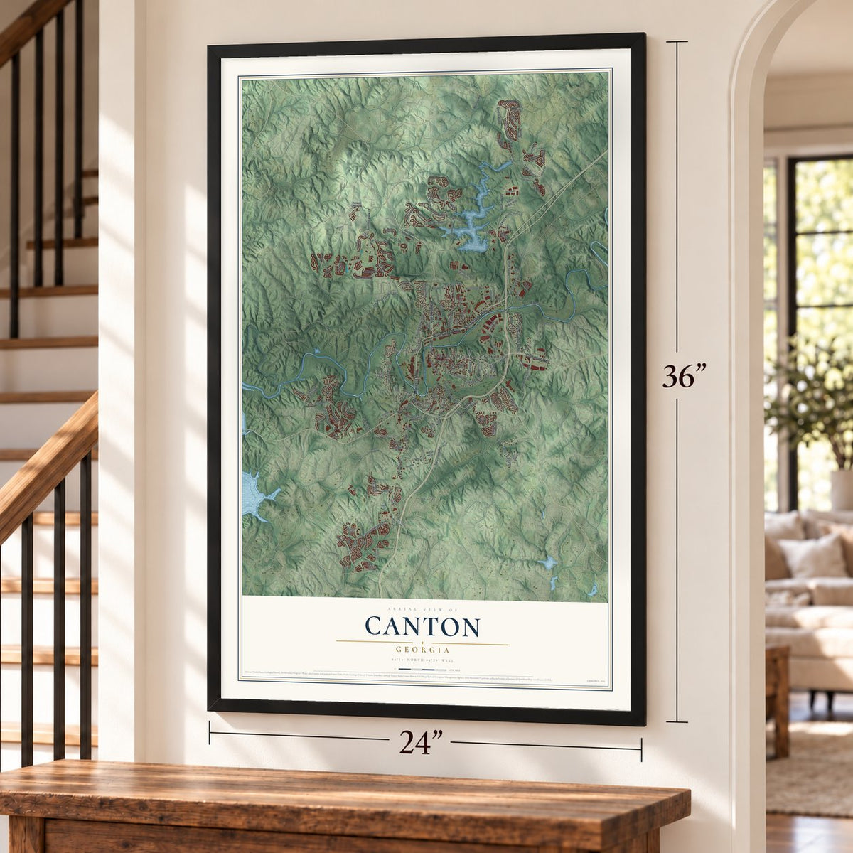 Canton, Georgia map, 24 x 36 inch print in a black frame by a staircase