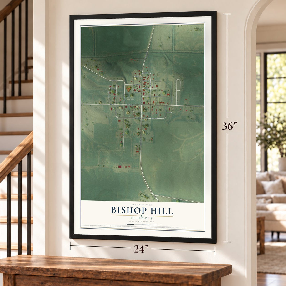 Bishop Hill, Illinois map, 24 x 36 inch print in a black frame by a staircase