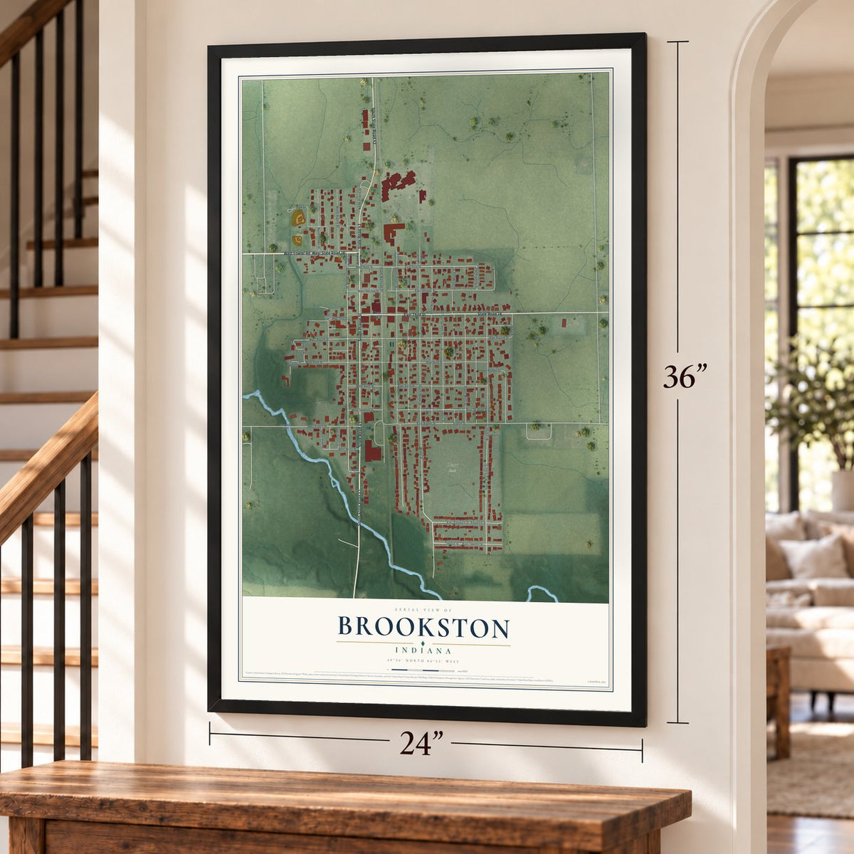Brookston, Indiana map, 24 x 36 inch print in a black frame by a staircase