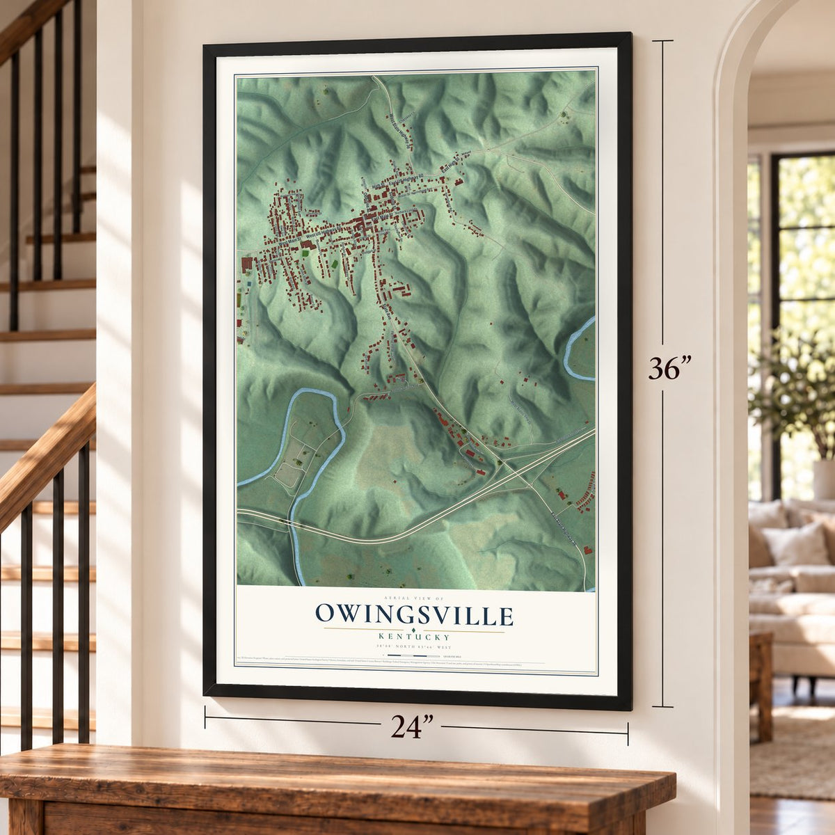 Owingsville, Kentucky map, 24 x 36 inch print in a black frame by a staircase