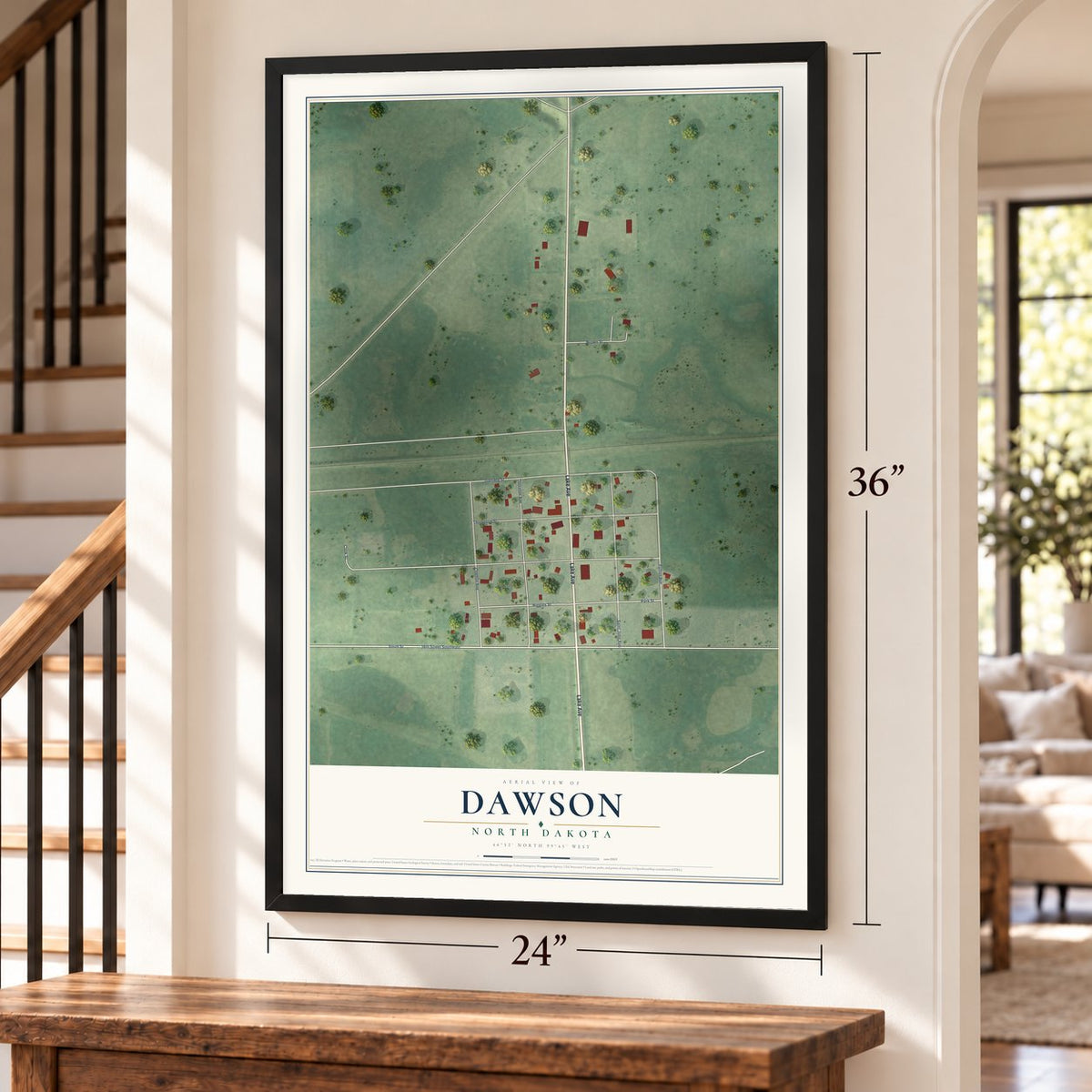 Dawson, North Dakota map, 24 x 36 inch print in a black frame by a staircase