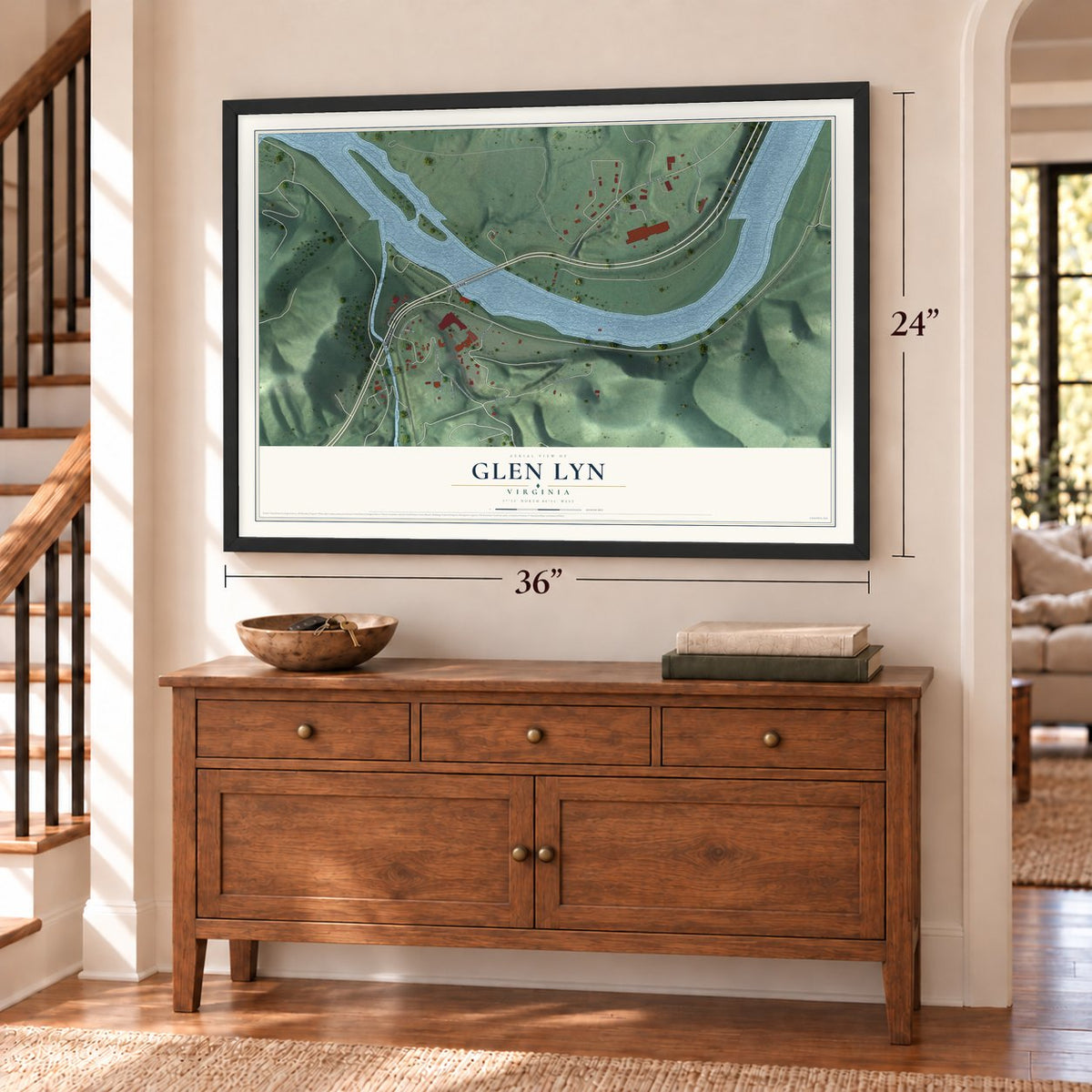 Glen Lyn, Virginia map, 24 x 36 inch print in a black frame above a dresser by a staircase