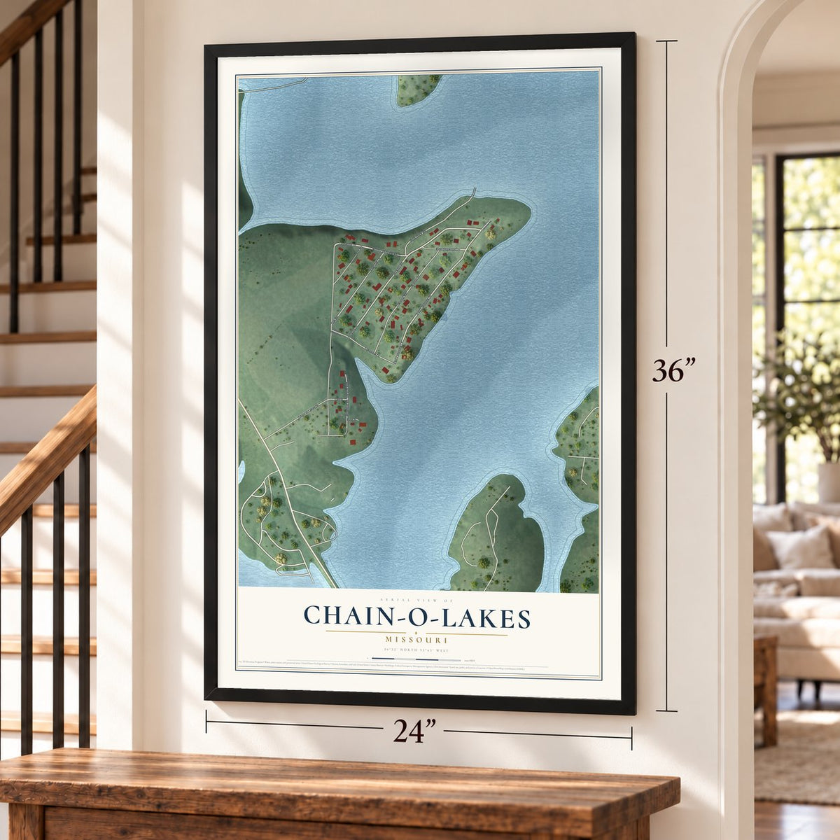 Chain-O-Lakes, Missouri map, 24 x 36 inch print in a black frame by a staircase