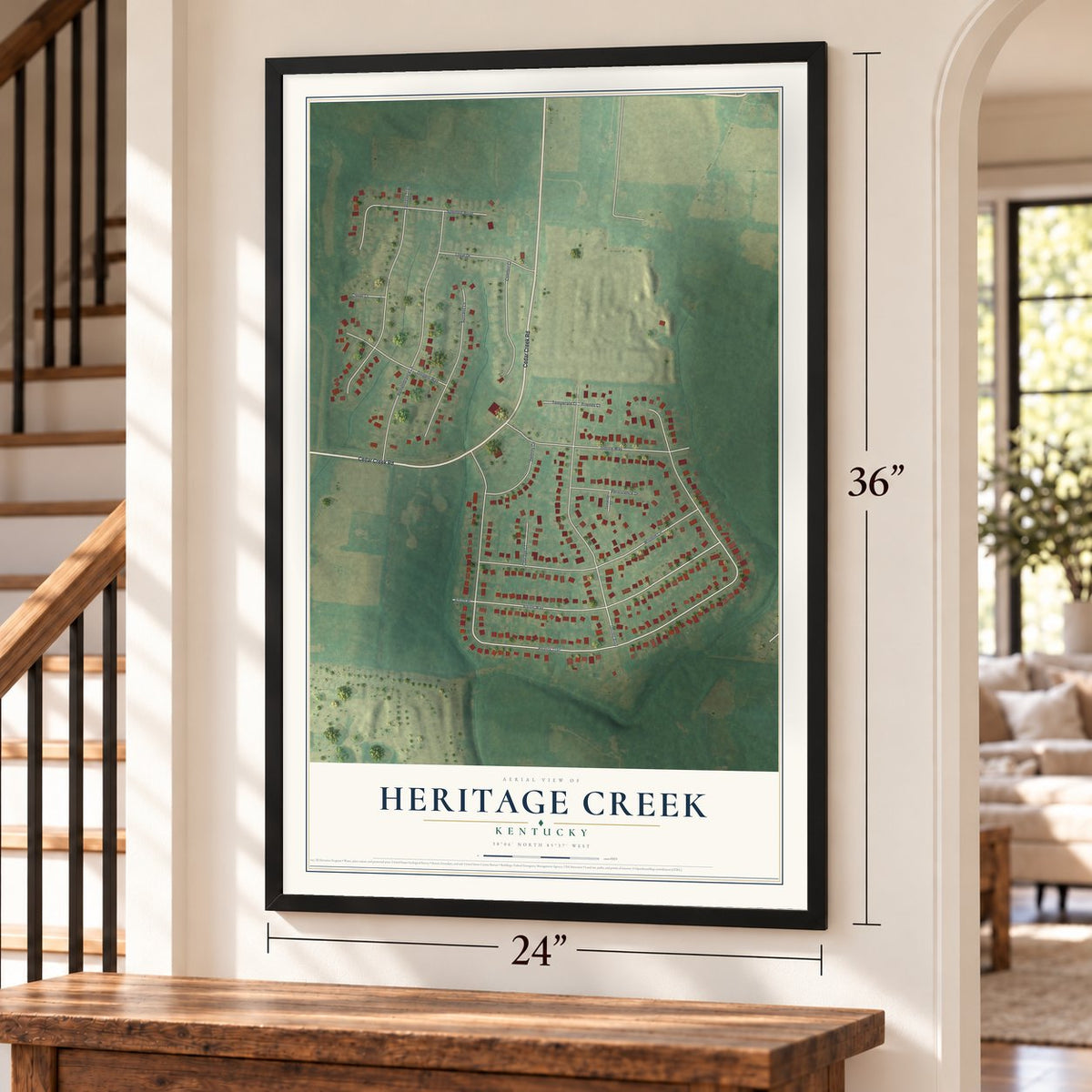 Heritage Creek, Kentucky map, 24 x 36 inch print in a black frame by a staircase