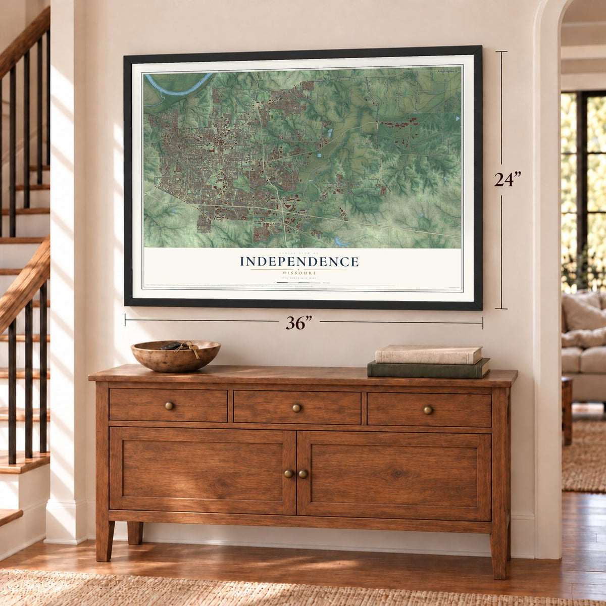 Independence, Missouri map, 24 x 36 inch print in a black frame above a dresser by a staircase